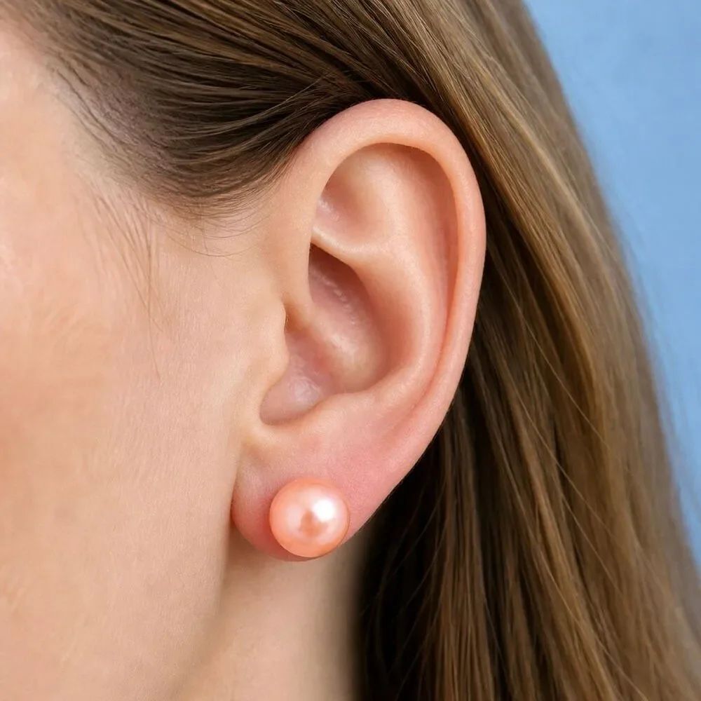 Large Pink Freshwater Cultured Pearl Stud Earrings Silver Tone